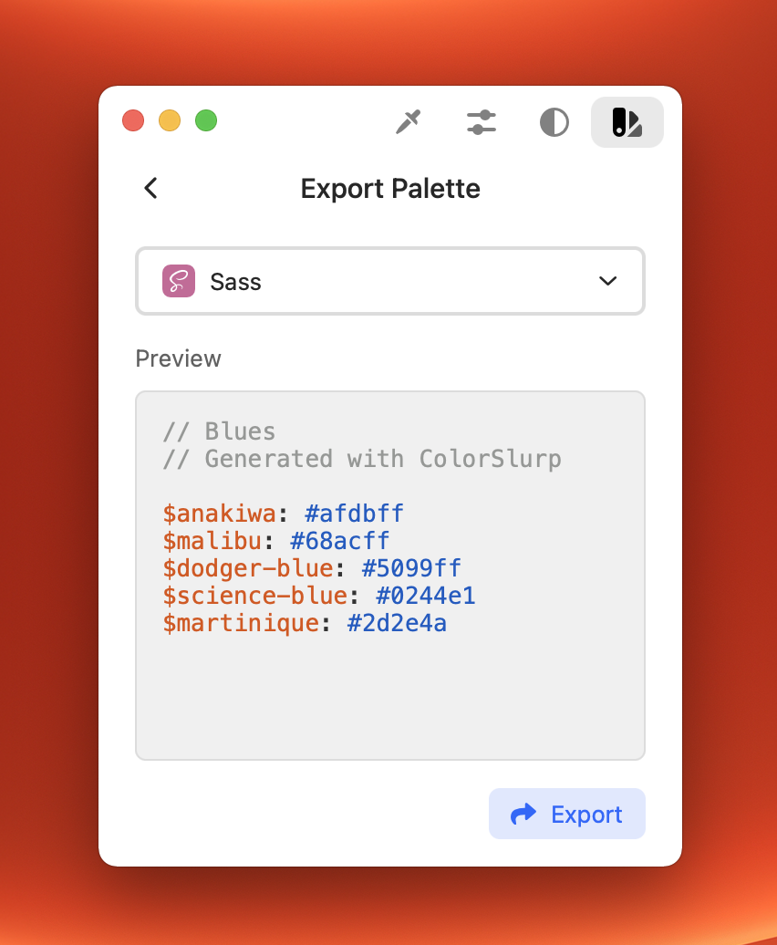 Export palette page